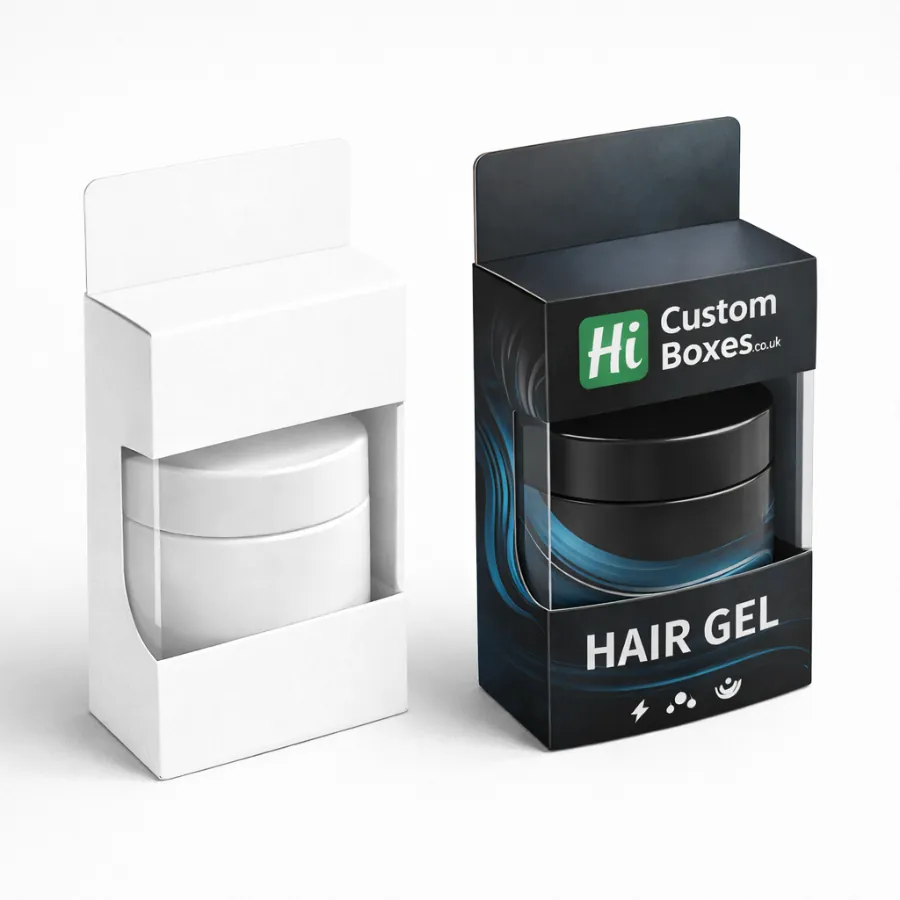 Two vertical display boxes with hanging tabs showing white and black hair gel jars inside- class=